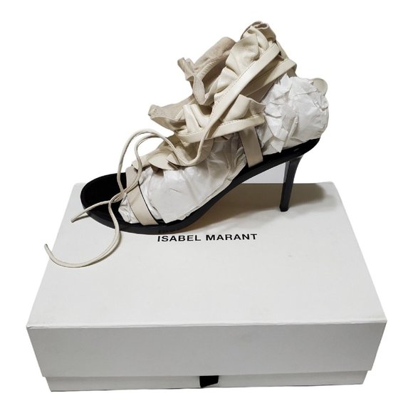 ISABEL MARANT ANSEL RUFFLE-TRIMMED LEATHER SANDALS IN CREAM - Picture 2 of 4